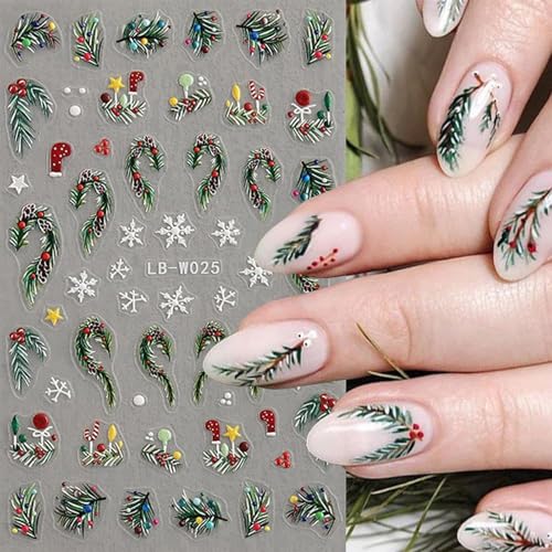 BelleFlair 8 Sheets 5D Christmas Nail Stickers, Embossed Snowflake Art Decals, Self Adhesive Holly Xmas Nail Transfers, Winter Holiday Designs for Women Kids DIY Manicure Decoration - Image 3