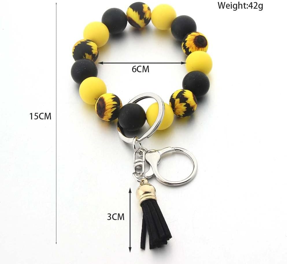Sunflower Silicone Keychain Bracelet Wristlet Key Ring Unique Beaded Bangle Key Chains with Leather Tassel for Women - Image 3
