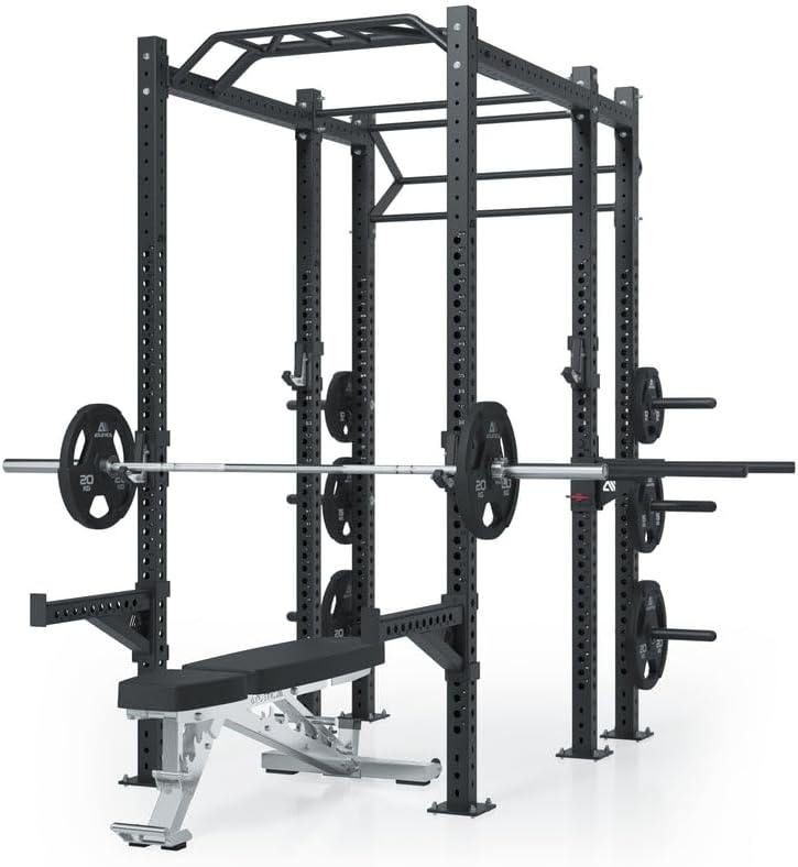 Atletica R8 MagmaPro Outdoor Power Rack with a weight bench and barbell, demonstrating its use