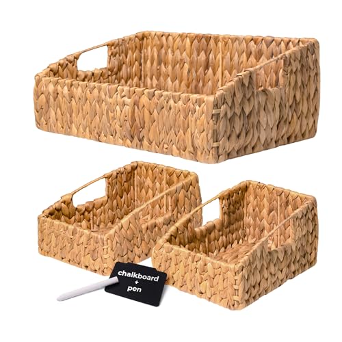 Image of KOKODO Rectangular Wicker Storage Baskets for Shelves, Set of 3 Water Hyacinth Woven Bins with Handles, Open Front Pantry Shelf Organizer for Closet, Bedroom, Boho Decorative, Natural