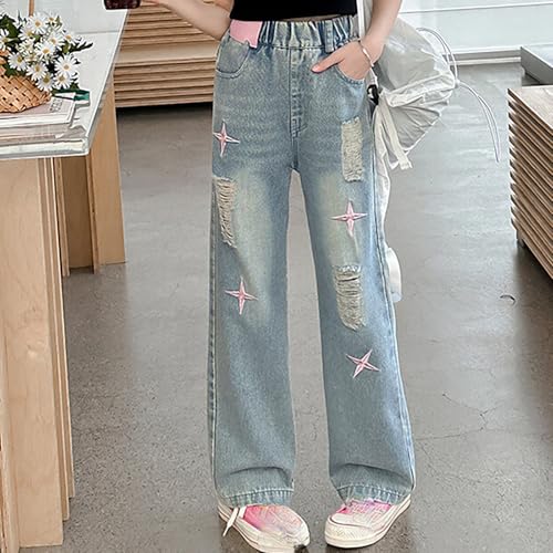 Ripped Jeans for Girls Baggy Star Wide Leg Denim Pants Kids Elastic Waist Trousers Casual Trendy Streetwear with Pockets3