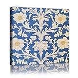 ボヘミアンミニマリストテーマキャンバスウォールアート対称ボタニカルフラワーウォールデコレーションプリントオフィスバスルームラウンジブルーとホワイト50x50cmインナーフレーム