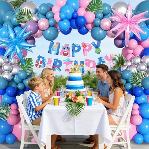 Image of Ouddy Life 160Pcs Pink Blue Purple Balloons Arch Kit, Summer Party Decor | Silver Star Foil Balloon Happy Birthday Banner Palm Leaves for Hawaii Tropical Luau Baby Shower Cartoon Party Decorations