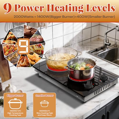 Image of 2 Burner Electric Cooktop - 110v Countertop and Built-in Electric Stove 2000W, 12 Inch Ceramic Stove with Residual Heat Indicator, Over-Temperature Protection, Knob Control, 110-120V Plug in