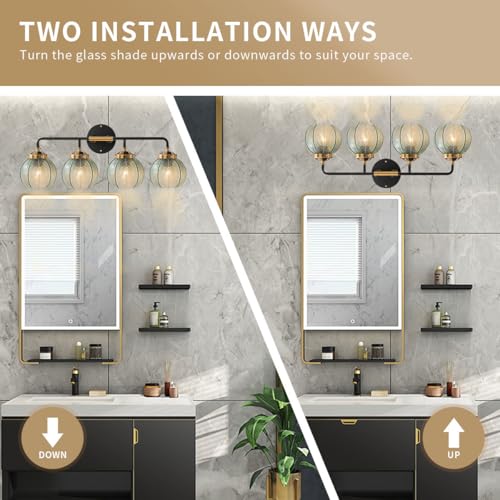 Image of 2-Pack Thick Glass 4-Light Bathroom Vanity Light Fixture Green Glass | 15cm Globe Shade Mid Century Modern Light fixture Black Gold Metal Finish Large Sconce Over Mirror Bath Living Room Cabinet