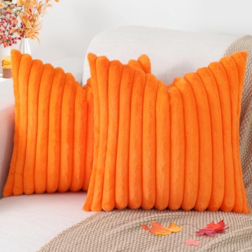 Image of Pallene Faux Fur Plush Fall Throw Pillow Covers 22x22 Set of 2, Luxury Soft Fluffy Striped Decorative Pillow Covers for Sofa, Couch, Living Room, Burnt Orange