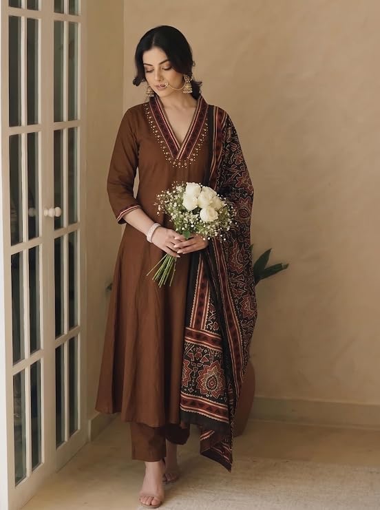 Image of ANNI Designer Viscose Blend Printed A-Line Kurta with Pant and Dupatta for Women | Viscose Blend Brown | 3 /4 Sleeve | V-Neck | Ethnic Wear Casual Wear