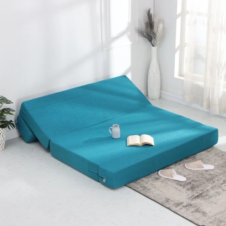 Image of Convertible Fabric Sofa Cum Bed | Foldable Double Foam & Washable Cover with Cushions | Modern Design Use Living Room & Guest Room (Jute-Blue-Lite-Flower, 5X6 Ft)