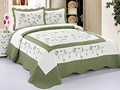 3pcs Fully Quilted Embroidery Quilts Bedspread Bed Coverlets Cover Set, Queen King (Beige/SageGreen)