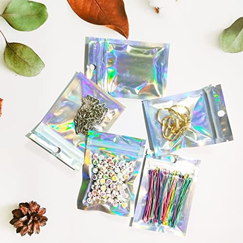 100 Pcs Mylar Bags Holographic Packaging Bags Small Goodie Bags Zip Lock Smell Proof Bags Candy Bags Resealable Foil Bags for Sweet Small Food Jewelry Dried Flowers