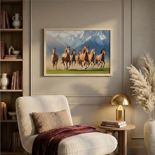 Image of Suneree 7 Horse Vastu Wall Painting - Running Horses Mountain Landscape Framed Wall Art for Living Room & Office Decor (Natural, Design 08, 13x19 Inch)