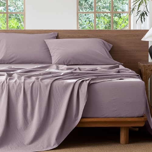 Image of MooMee Sheet Set 100% Washed Cotton Linen-Like Extra Deep Pocket Queen | Relaxed Linen-like Texture. Soft, Breathable & Lightweight Comfort. 15-19 inch Extra Deep Pocket with All-around Elastic