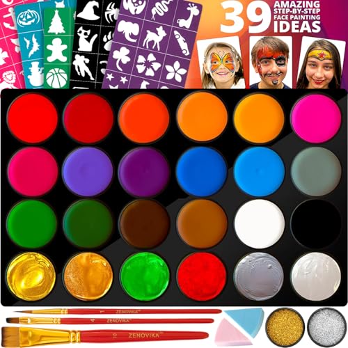 Zenovika Face Painting Kit for Kids - Non-Toxic and Hypoallergenic Face Paint Kit with 24 Colors,...