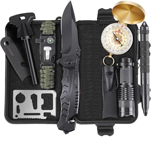 HSYTEK Survival Gear Kit 11 in 1,Professional Outdoor Emergency Survival Kit with Tactical Pen|Bracelet|Temperature Compass|Fire Starter|Flashlight for Camping, Hiking ,Travel or Adventures Necessary