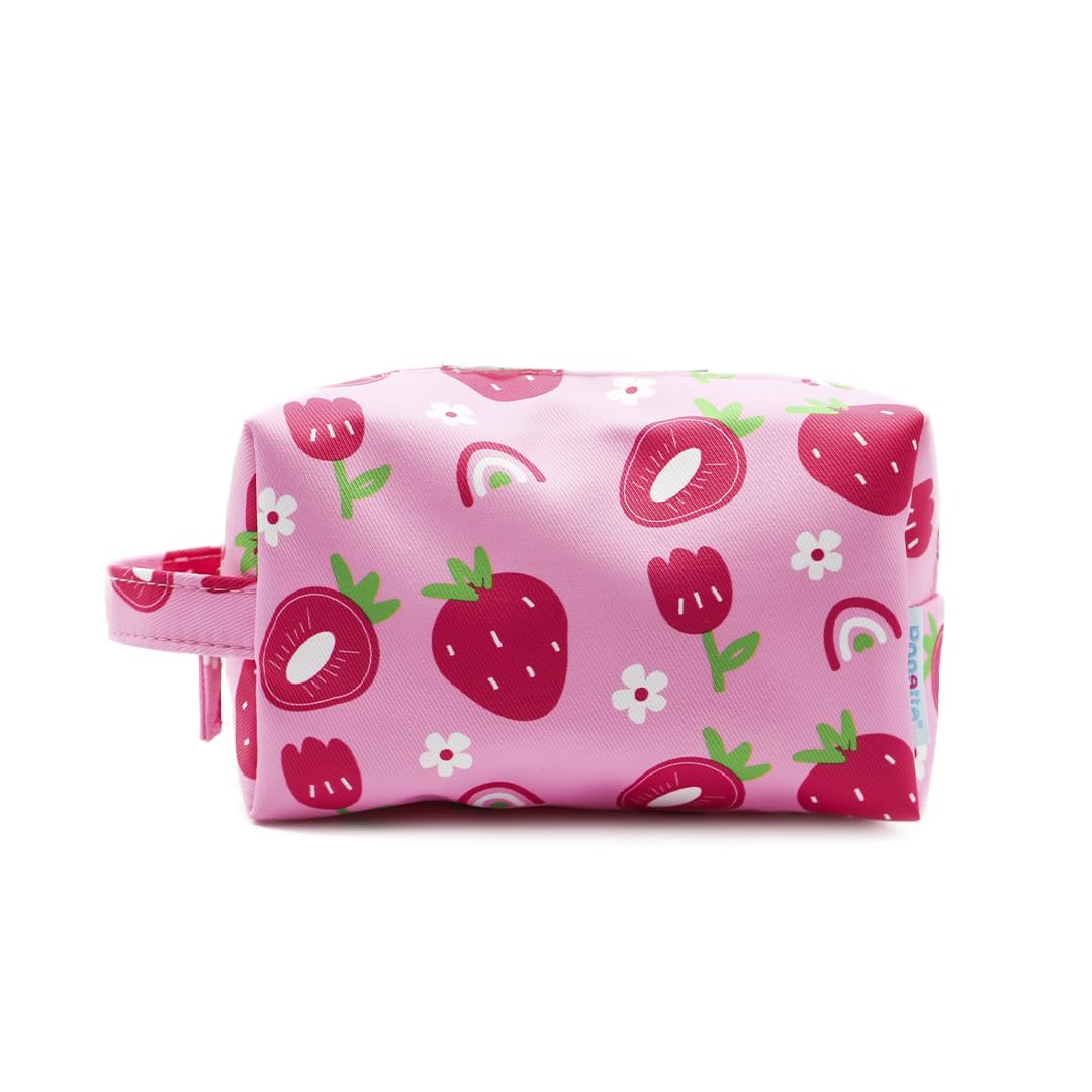 Ponette Neceser Infantil en Tejido Rosa con Divertido Estampado de Fresones, Tulipanes, Margaritas y Arco Iris, Niño, Niña, Viaje, Estuche, Bolsa, Piscina, Colegio, Marca Española