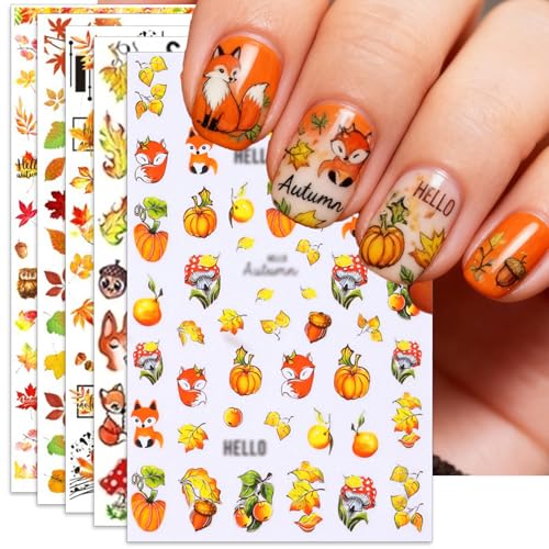 IDDFEVE Fall Fox Nail Art Stickers, Thanksgiving Day Nail Decals, 3D Self-Adhesive Maple for DIY Nail Supplies Decoration (6 Sheets)