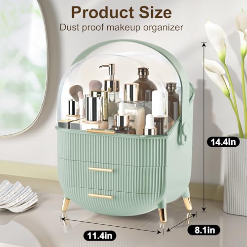 Image of Makeup Organizer for Vanity, Large Capacity Skincare Cosmetic Organizer Countertop with 2 Drawers, Cosmetic Display Cases Makeup Storage Box for Bedroom, Bathroom, Ideal Gifts for Women(Green)