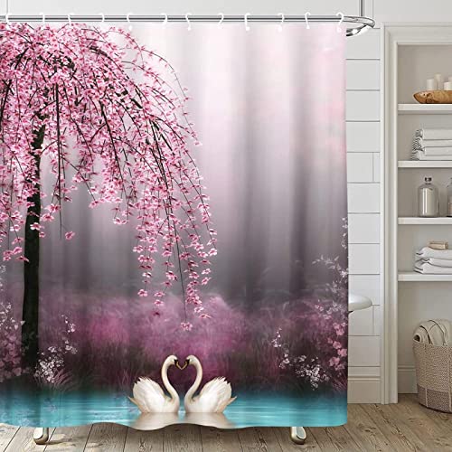 Rideau de douche cygne blanc romantique fleurs oiseaux faune mariage 110x220cm - 2