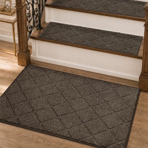 Image of COSY HOMEER Edging Stair Treads Non-Slip Corner Indoor Stair Runners for Wooden Steps,Landing Slip Resistant Stair Rugs for Kids and Dogs, 100% Polyester TPE Backing,Brown,20 inchX32 inch