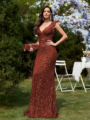 Image of Womens Sequined Long Evening Gown Glamous Sleeveless V-Neck Mermaid Prom Dress for Wedding Party Club Occasions