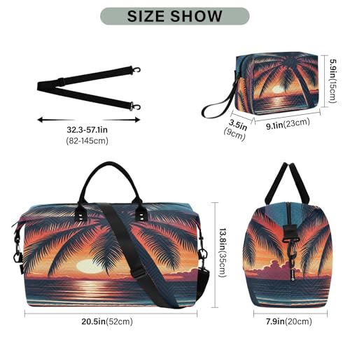 ​​Large Foldable Travel Duffel Bag, Waterproof Gym Bag for Men & Women, Carry-On Luggage Weekender Overnight Bag, Tropical Sunset Palm3
