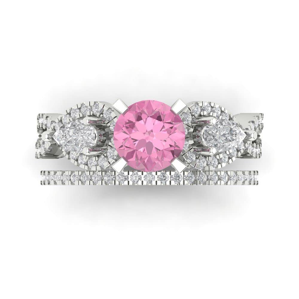 Wedding Ring Set for Women - 14K Solid Gold White Gold Simulated Pink Diamond Engagament Ring and Stacking