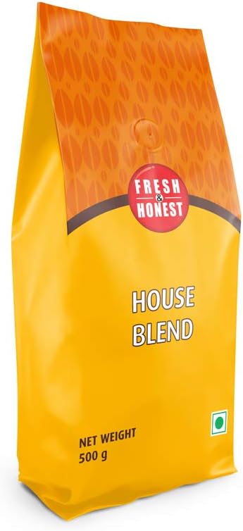 FRESH & HONEST House Blend, Roasted Coffee Beans, 500 g Pouch with Medium to Dark Roasting, Full Body & Crema