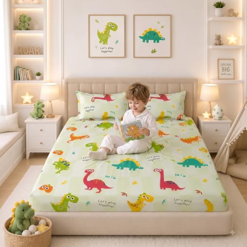 Image of Filymore Kids Double Bedsheet with 2 Pillow Covers - Cartoon Dinosaur Theme, 240 TC Soft Microfiber Bed Sheet for Double Bed (90x90 Inches), Breathable & Skin-Friendly Kids Bedding Set, Green & White