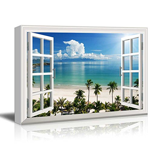 Window View Tropical Landscape with Beach and Palm Trees Gallery 24x36 inches