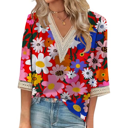 Nexavio Women Floral Printed Tshirts 2025 V Neck 3/4 Length Sleeve Shirts Tee Casual Basics Summer Fashion Tops,Bright Pink White flowers-B42,2XL