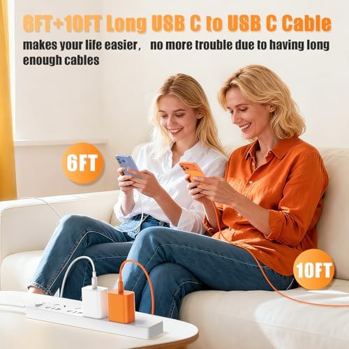 40W for iPhone 17 16 Pro Max Charger Fast Charging,2Pack USB C Fast Charger Block with Long 10FT+6FT C to Type C Cable for iPhone 17 Air/17E/17 16 15/16 15 Plus/17 16 15Pro/17 16 Pro Max(White+Orange) — view 5