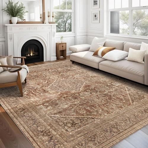 vivorug 6x9 Area Rugs, Ultra-Soft Washable Rug for Living Room Dinner Room Bedroom, Non-Slip Vintage Rug, Indoor Carpet Large Area Rug, Earth Tone