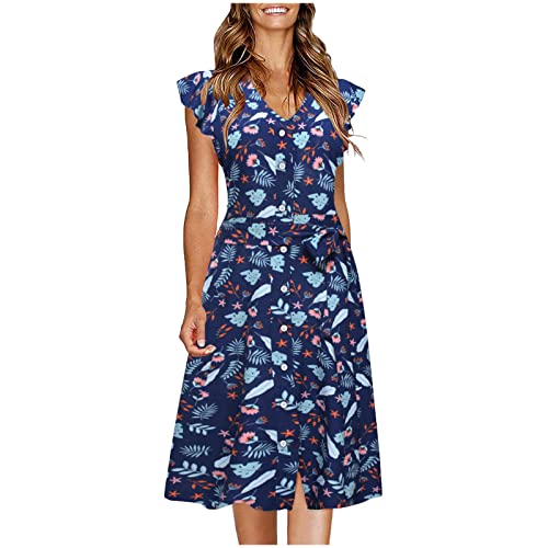 2022 Vestidos Largo para Mujer, Vestido Moda Vestido Verano Color sólido botón Fiesta Vestido de Noche Volantes Vestidos sin Manga Casual Cuello en V Vestidos con Bolsillo Elegante Playa vacación