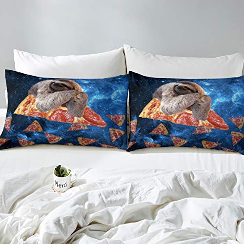 Loussiesd Kids Cartoon Sloth Bedding Set Cute Animal Pattern Comforter Cover for Kids Adult Galaxy Glitter Duvet Cover Pizza Print Bedspread Cover Room Decor 2Pcs With 1 Pillow Case Single Size - Image 2