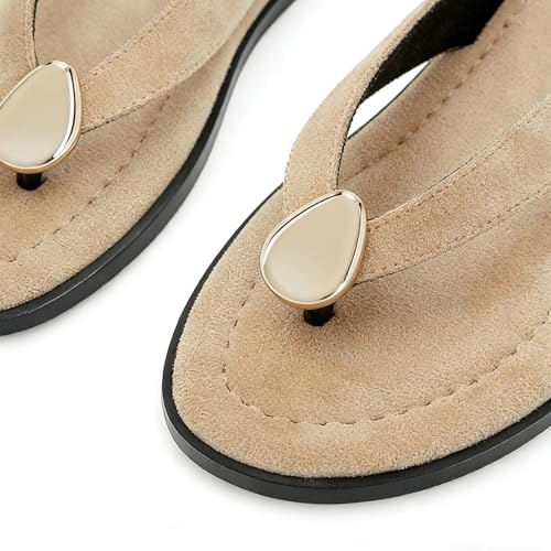 Image of Women's Suede Thong Sandals Flat Flip Flops with Metal Accent Slip On Comfortable Casual Summer Beach Dress Sandals
