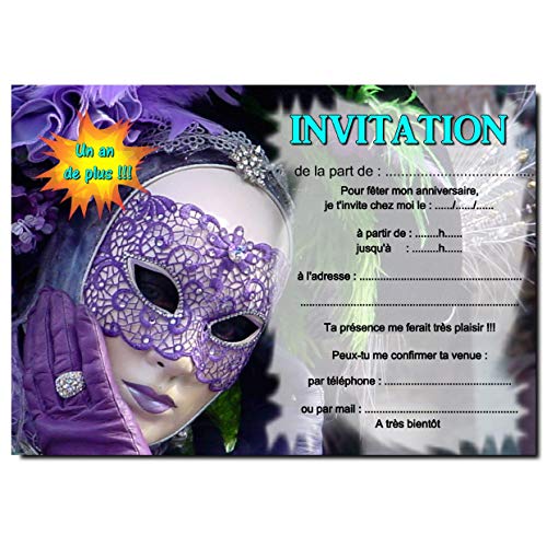 cartes invitation anniversaire masque venise carnaval par 12 avec enveloppes réf 380