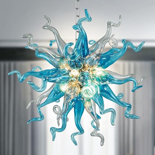 Blue Art Deco Chandelier, Hand Blown Glass Chandeliers, Luxury Ceiling Hanging Pendant Light Fixture for Bedroom, Dining Room, Living Room 20