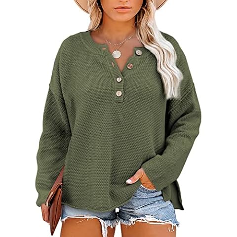 Eytino Womens Plus Size Long Sleeve Henley Jumpers V Neck Button Down Pullover Tops Side Split Loose Fit Sweaters,5X Green Cover