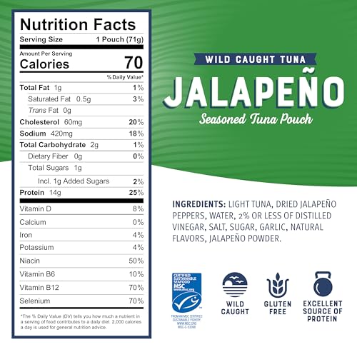 Image of Bumble Bee Jalapeno Seasoned Tuna Pouch - Wild Caught and Ready to Eat for Snack, Salad, Korean Tuna Bowl - 14g Protein per Serving - PERFECT, PORTABLE, GOODNESS - 2.5 oz Packet (Pack of 12)