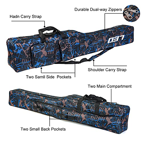 LEOFISHING Fishing Tackle Storage Bag 130cm/4.27ft Portable Fishing Rod Reel Organizer Fishing Pole Gear Tool Cases Carrier Two Layer Durable Oxford Large Capacity Travel Fishing Cover Bag 5 Color (Blue Camouflage)