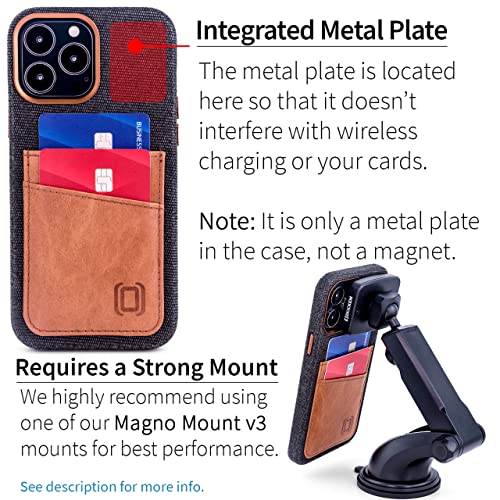 Image of Dockem Fabric Card Case for iPhone 13 Pro Max with Built-in Metal Plate for Magnetic Mounting, Stitched-on Genuine Leather Wallet with 2 Credit Card /ID Slots: M2F 6.7 inch Pro Max [Grey w /Light Brown]
