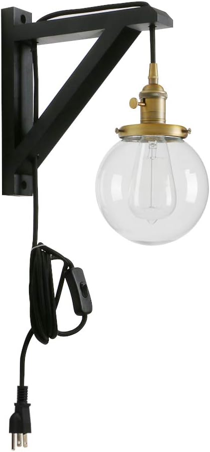 PERMO Vintage Industrial 1-Light Plug in Wall Mount Wood Bracket Wall Sconce Lighting Fixture with Mini 5.9" Round Clear Glass Globe Hand Blown Shade (Antique)