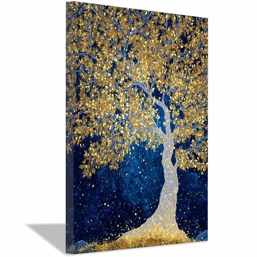 Arbre à feuilles d'or tableau encadré 60x80cm pour décoration murale chic