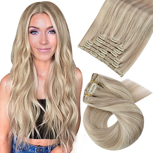 Moresoo Human Hair Extensions Clip in Highlight 22 Inch Ash Blonde with Platinum Blonde Clip in Hair Extensions Real Hair Full Head 7 Pieces/120g #P18/613