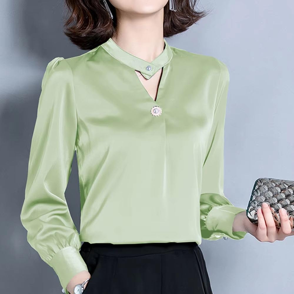 Blusa de satén de manga larga para mujer, para oficina, formal, ropa de negocios vintage