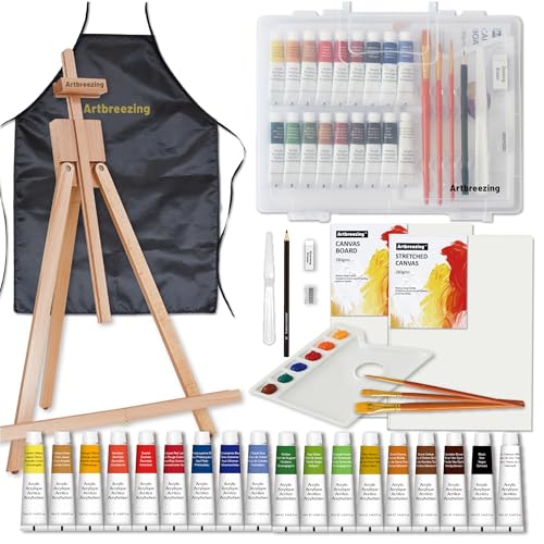 Artbreezing Acrylic Paint Set with Tabletop Easel Acrylic Paints Canvases Brushes Apron Storage Box All-in-One Giftable Art Set for All Skill Levels Ideal for Adults Kids Total 31-piece.