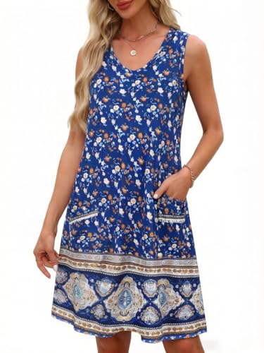 Image of elescat Womens Summer Dresses Casual V Neck Sleeveless Pockets Beach Loose Tank Sundress 2026