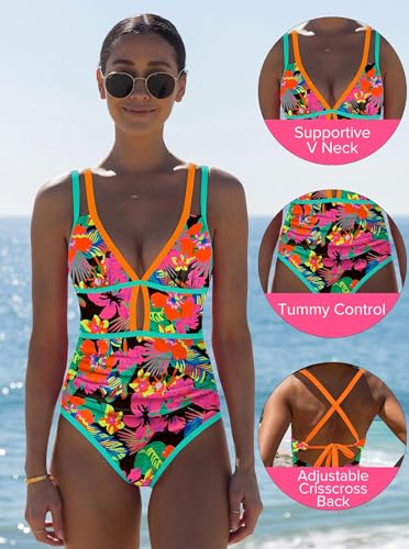 Image of popvil Women One Piece Swimsuit 2026 Tummy Control Sexy Cutout Neon Color Block Bathing Suit Slimming Adjustable Swimwear