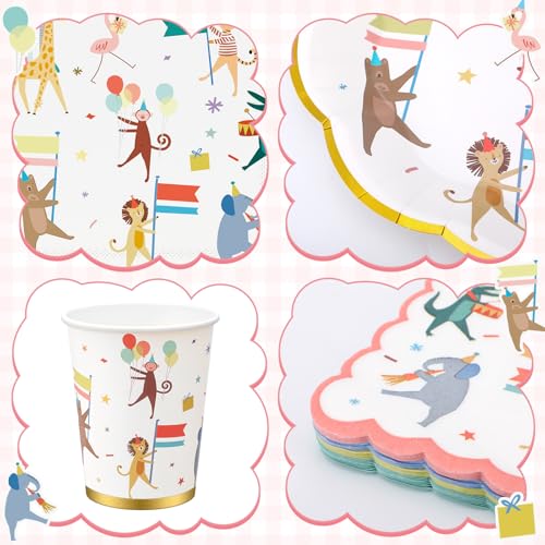Maxdot 240 Pcs Animal Parade Party Plates Set, Including 9 Inch and 7 Inch Animal Parade Paper Scalloped Plates, Cute Disposable Napkins and Paper Cups for Kids Birthday Decorations, Baby Shower — view 3