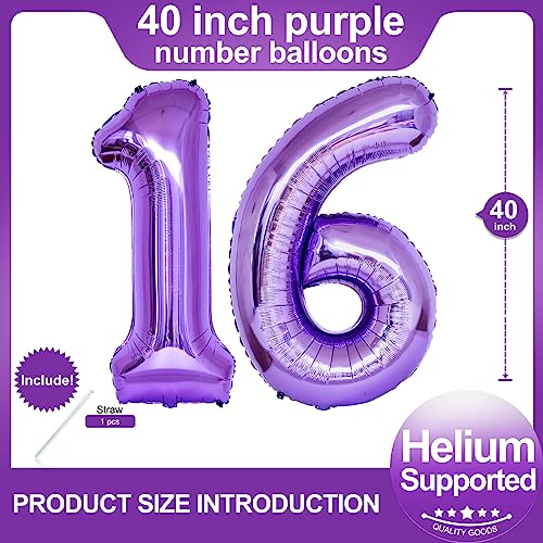 Image of Number 16 Purple Balloons 40 Inch Giant Purple 16 Number Foil Helium Balloons for 16th Purple Birthday Party Supplies 16th Anniversary Events Decorations